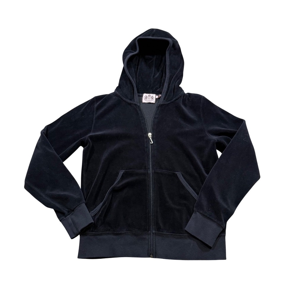 Juicy Couture Velour Hoodie Youth‎ Black Pink Crown Sequin Y2K Zip Up Jacket 12